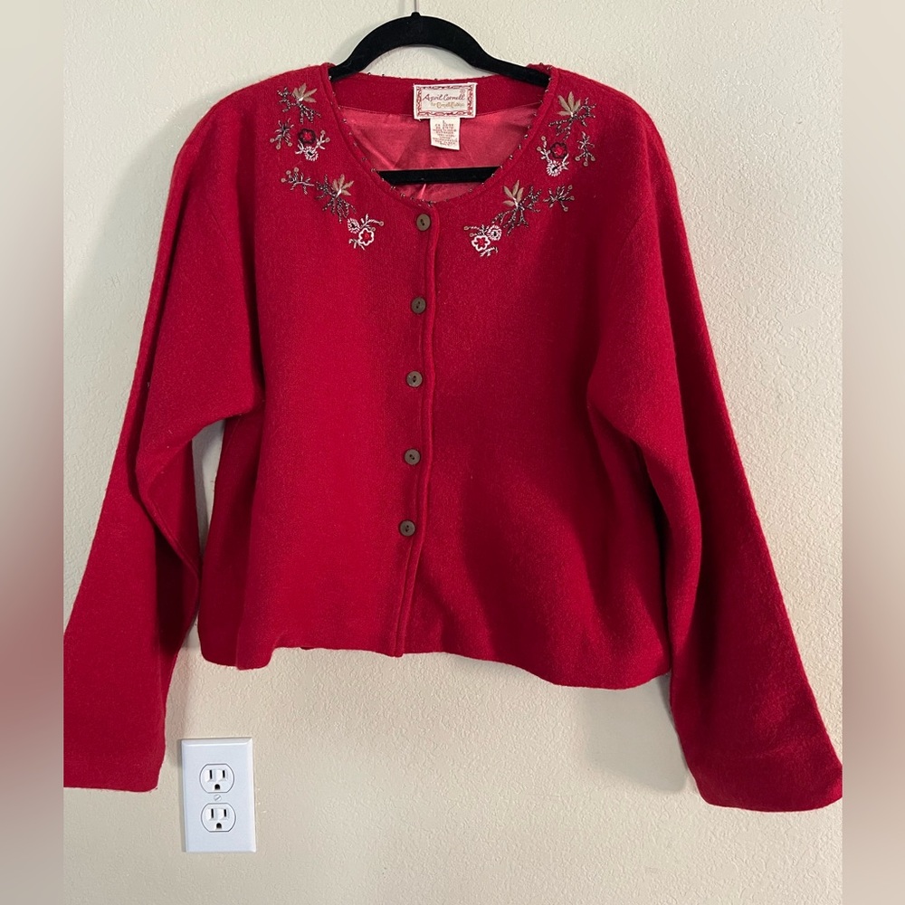 Vintage Red Women Wool Cardigan. Grannycore boxy sweater April Cornell designer
